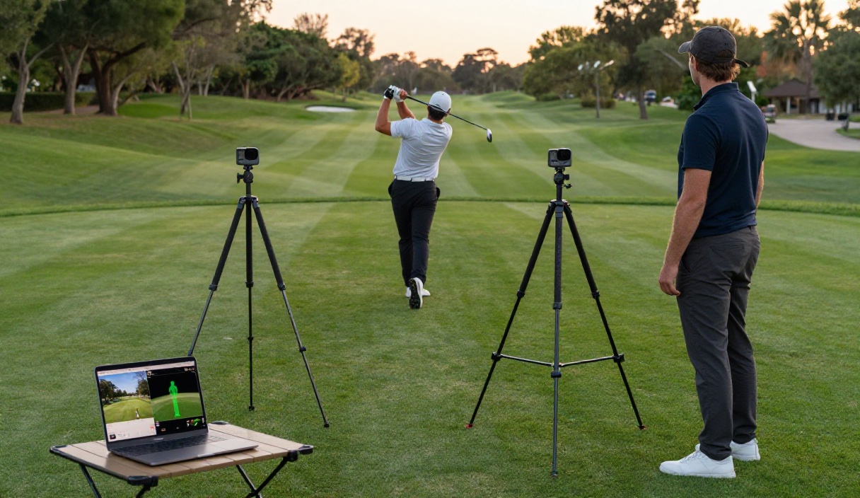 Concept render: SwingSense setup outdoors — student mid-swing on the course, instructor observing, two cameras on ground tripods, MacBook on a fold-out table